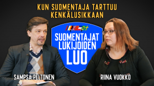 Mies ja nainen istuvat keskustelemassa. Suomentajat lukijoidenluo -sarja.