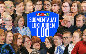 Suomentajat lukijoiden luo -ohjelmasarjan logo sarjassa esiintyvien kääntäjien ympäröimänä.