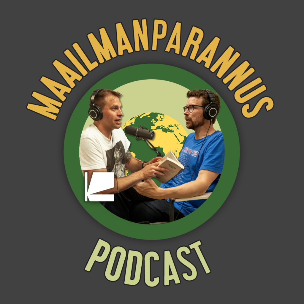 Tekstinä Maailmanparannus-podcast. Värejä grafiikkana ja ympyrän keskellä maapallo ja kaksi henkilöä kuulokkeet päässä.